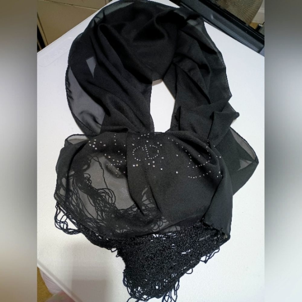 CD Rhinestone Sheer Black Fringe Scarf Unique Stylish Fancy - Picture 3 of 13